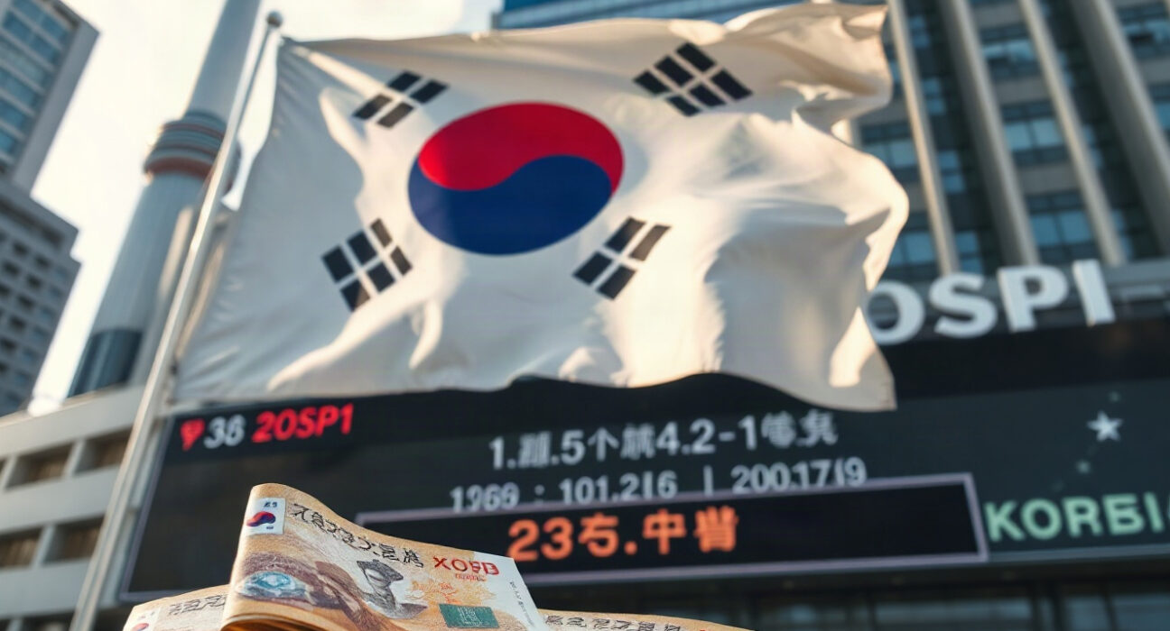 South Korean Won and KOSPI market board reflecting export-driven currency strength