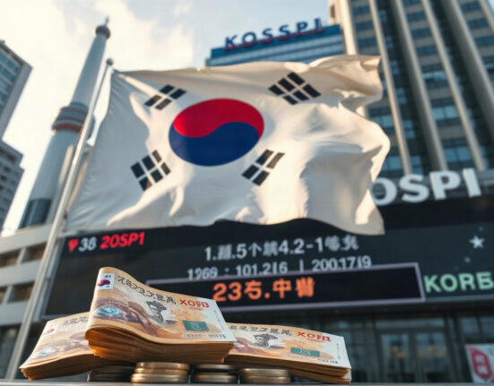 South Korean Won and KOSPI market board reflecting export-driven currency strength
