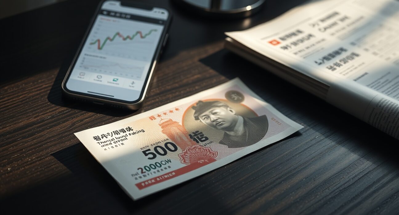 South Korean Won banknote on desk with financial newspaper and forex chart on smartphone