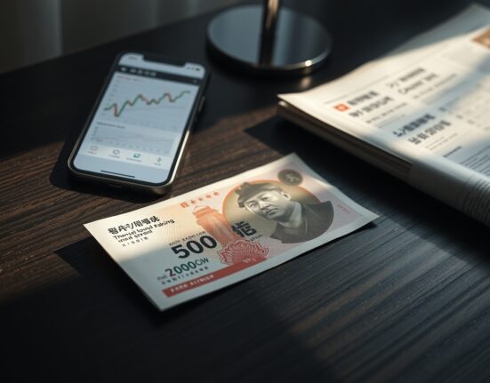 South Korean Won banknote on desk with financial newspaper and forex chart on smartphone