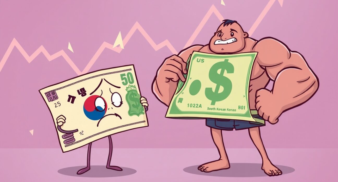 A cartoon depiction of the South Korean won weakening against the US dollar, illustrating market concerns.