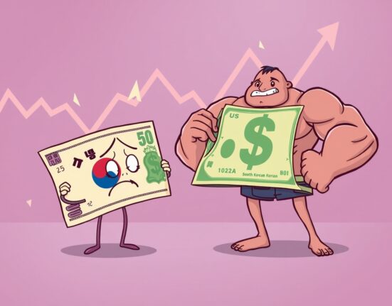 A cartoon depiction of the South Korean won weakening against the US dollar, illustrating market concerns.
