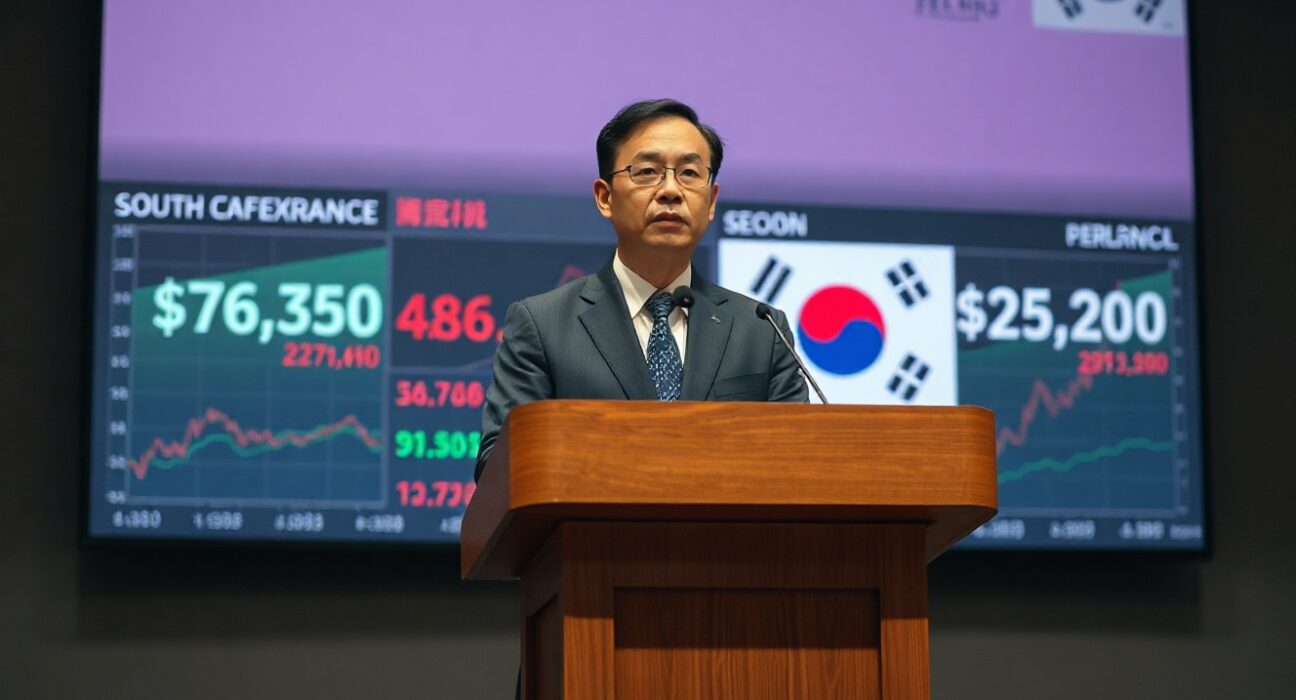 South Korean central bank official at press conference with KRW charts on screen