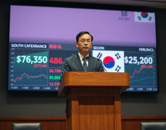 South Korean central bank official at press conference with KRW charts on screen