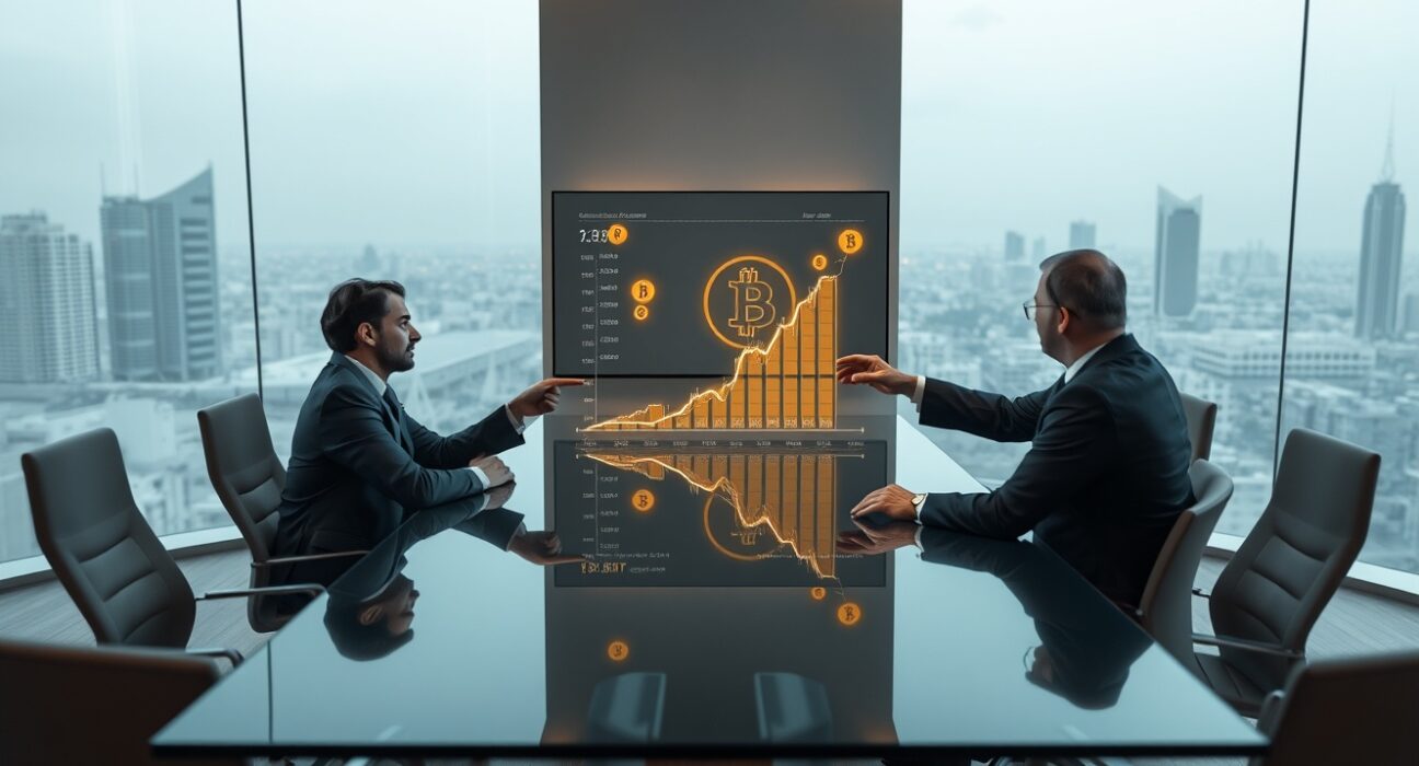 Business executives in a modern Abu Dhabi boardroom reviewing a Bitcoin chart