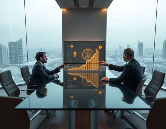 Business executives in a modern Abu Dhabi boardroom reviewing a Bitcoin chart