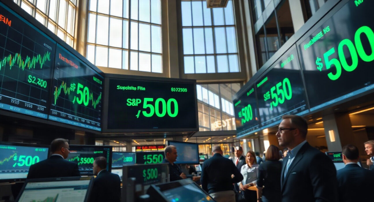 Traders on a stock exchange floor with screens showing S&P 500 upward trend, representing AI-driven market optimism for 2026.
