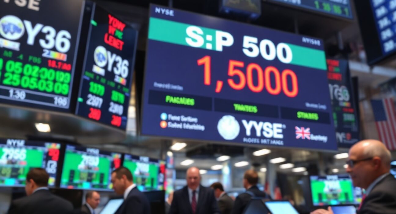 New York Stock Exchange trading floor with S&P 500 index display showing market volatility.