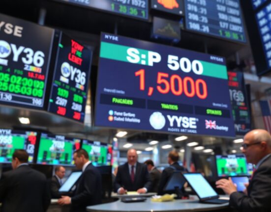 New York Stock Exchange trading floor with S&P 500 index display showing market volatility.