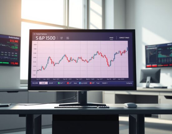 S&P 500 chart analysis on a trading desk monitor with oil and credit market data in the background.