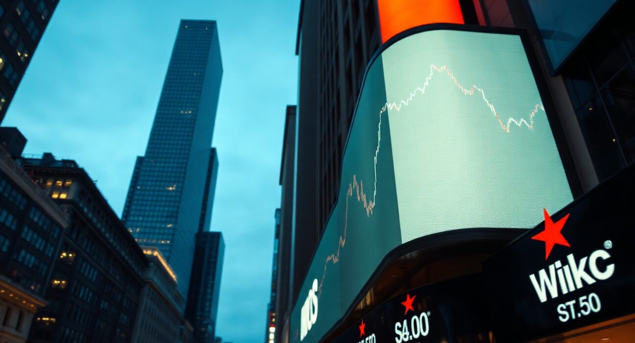 Close-up of an S&P 500 index chart on a financial display board, showing sideways movement