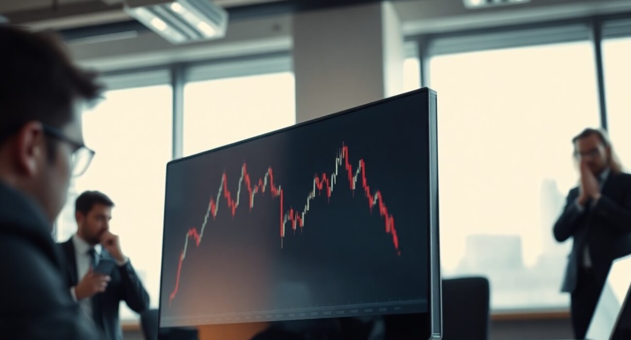 S&P 500 chart showing decline in a financial office with traders in background