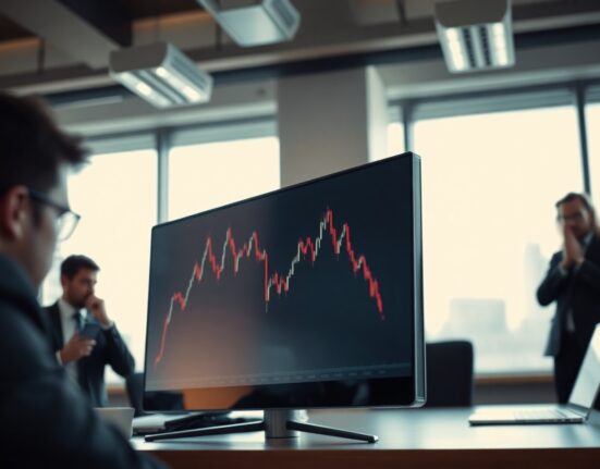 S&P 500 chart showing decline in a financial office with traders in background