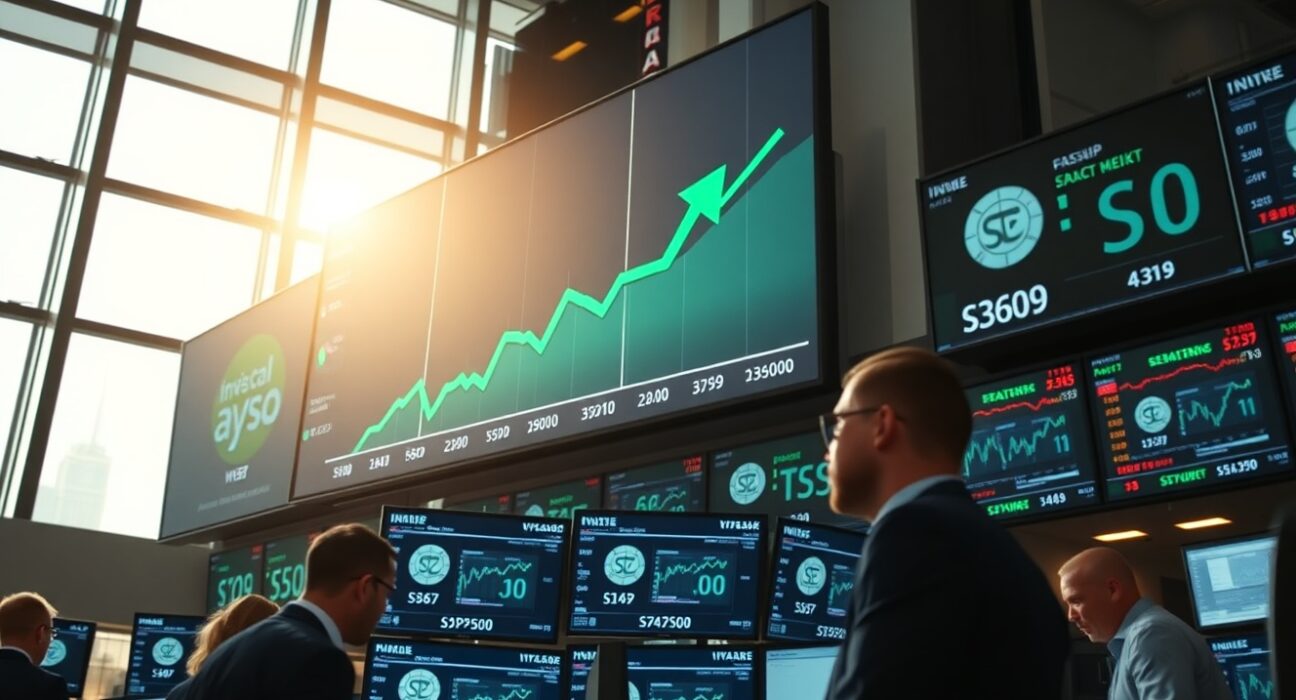 Trading floor with S&P 500 chart showing upward trend and green arrows, indicating positive market breadth.