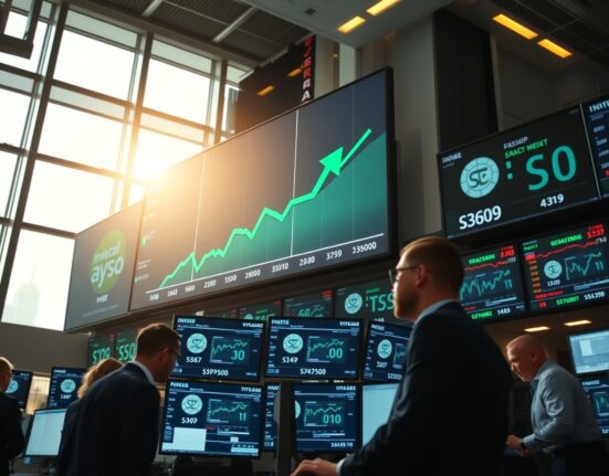 Trading floor with S&P 500 chart showing upward trend and green arrows, indicating positive market breadth.