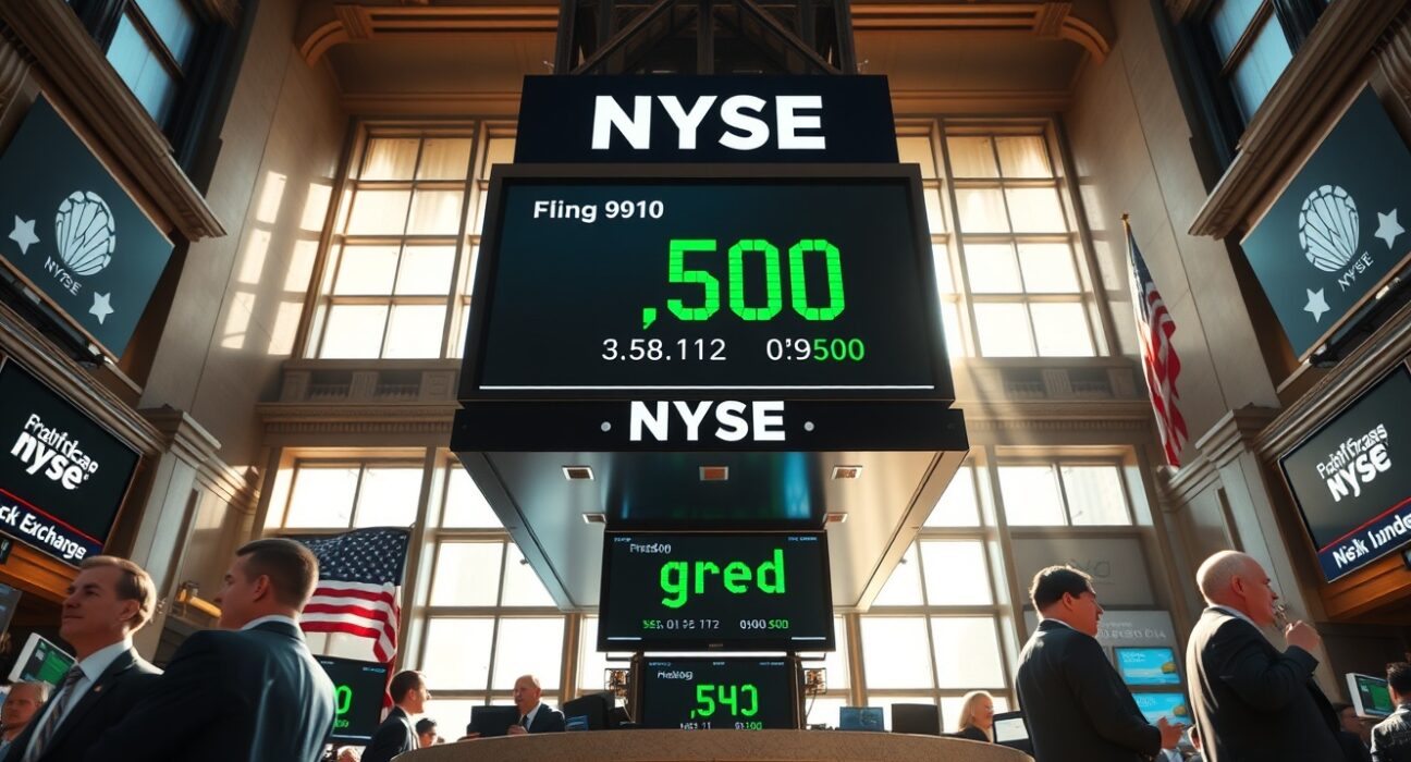 NYSE trading floor with green ticker showing S&P 500 index gains during eight-week rally