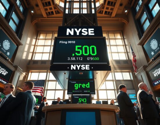 NYSE trading floor with green ticker showing S&P 500 index gains during eight-week rally