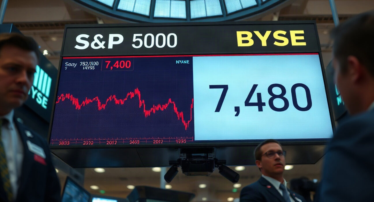 S&P 500 index ticker showing a decline toward 7,480 on a trading floor