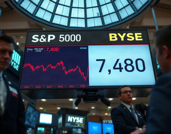S&P 500 index ticker showing a decline toward 7,480 on a trading floor