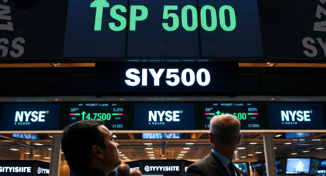 NYSE trading floor with S&P 500 ticker showing record high as traders watch