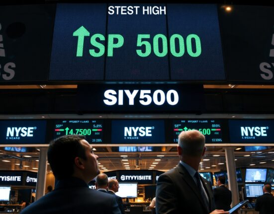 NYSE trading floor with S&P 500 ticker showing record high as traders watch