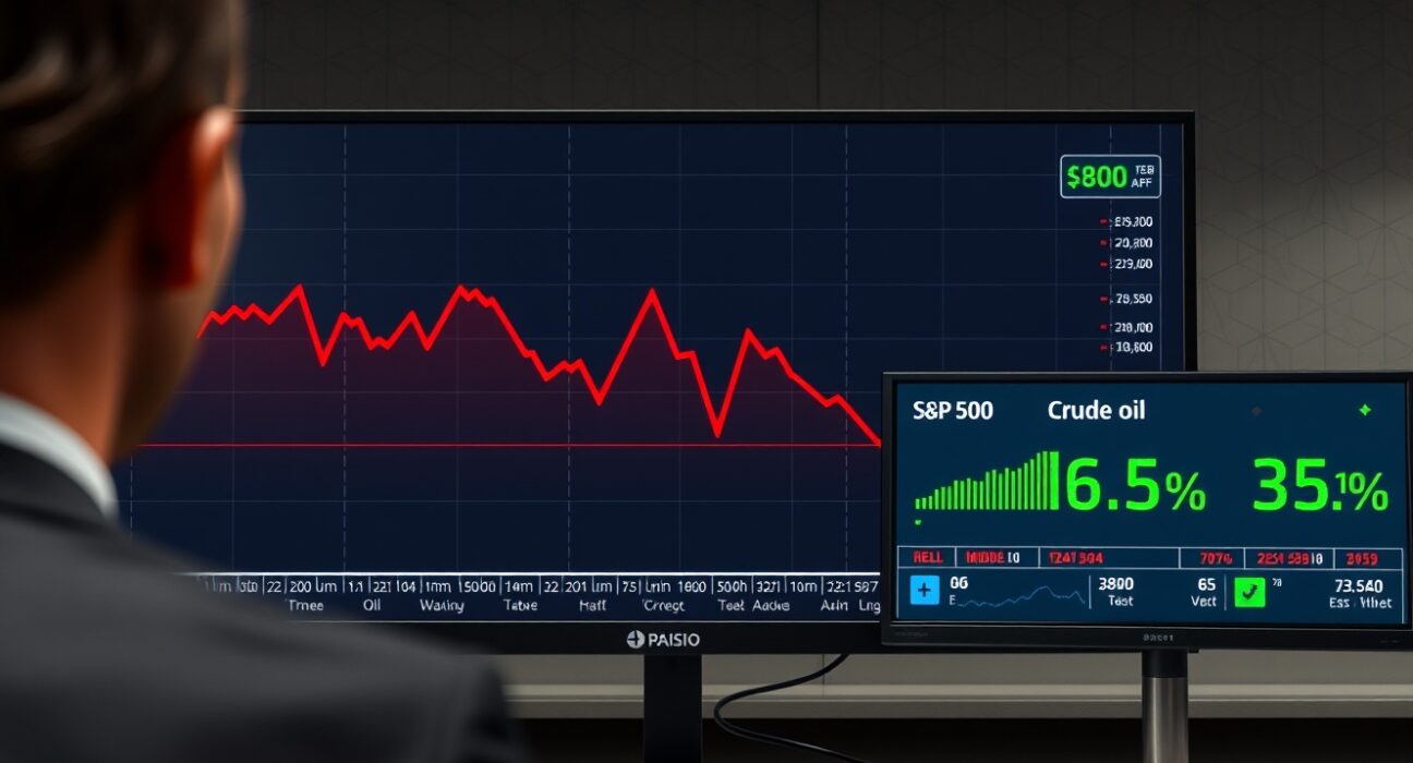 S&P 500 futures chart dropping sharply alongside rising oil prices on a trading desk, reflecting market turmoil from Middle East tensions.