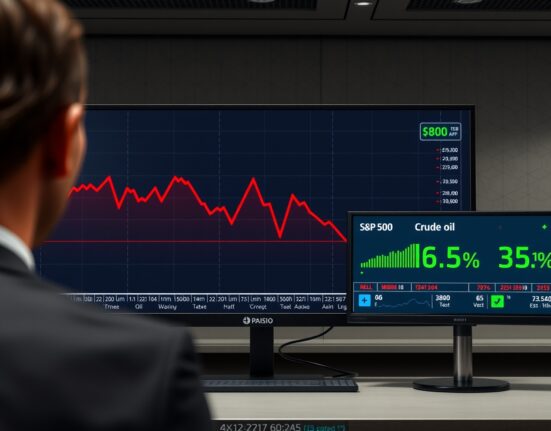 S&P 500 futures chart dropping sharply alongside rising oil prices on a trading desk, reflecting market turmoil from Middle East tensions.