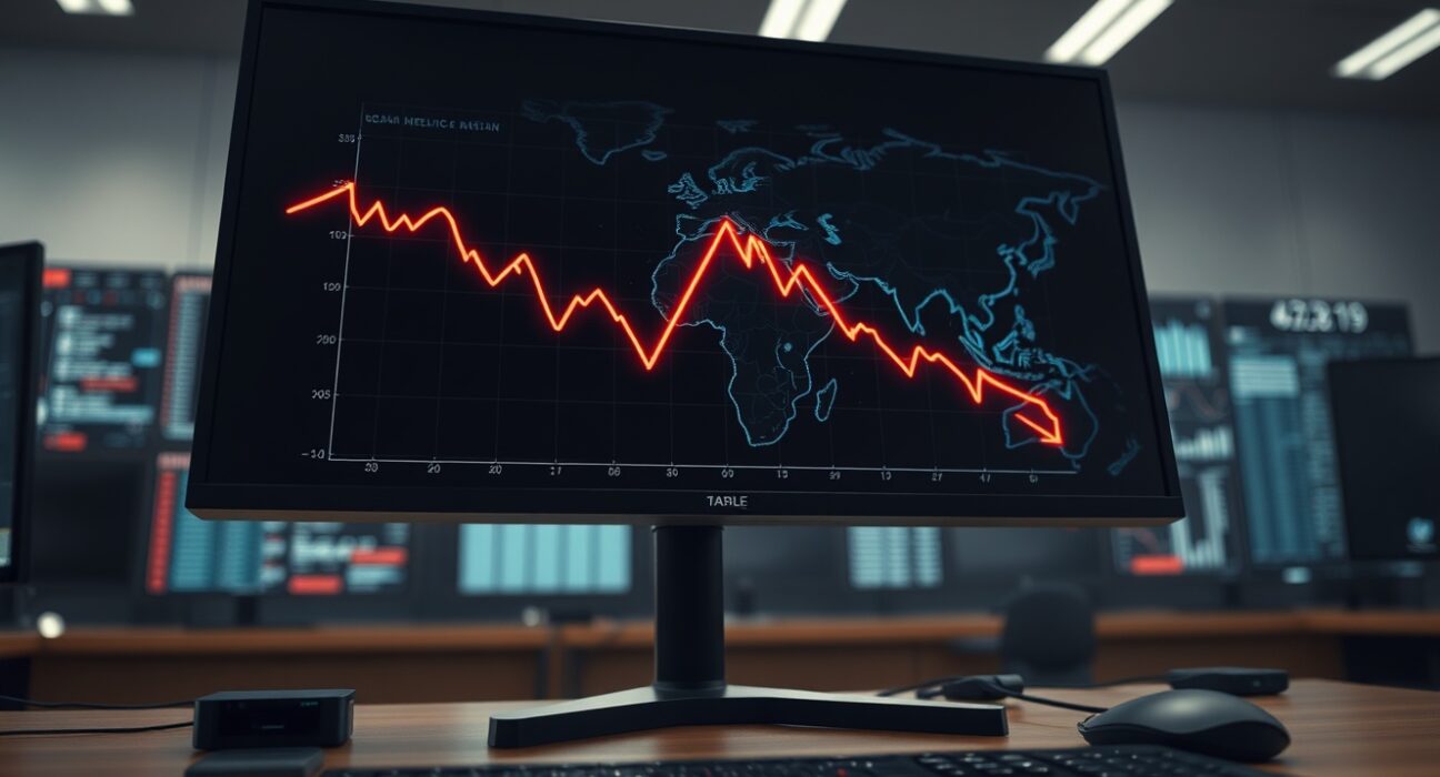 S&P 500 futures chart showing a sharp decline amid US-Iran geopolitical tensions on a trading desk monitor.