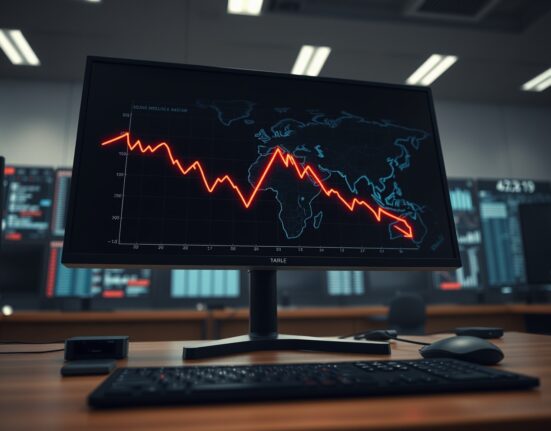 S&P 500 futures chart showing a sharp decline amid US-Iran geopolitical tensions on a trading desk monitor.