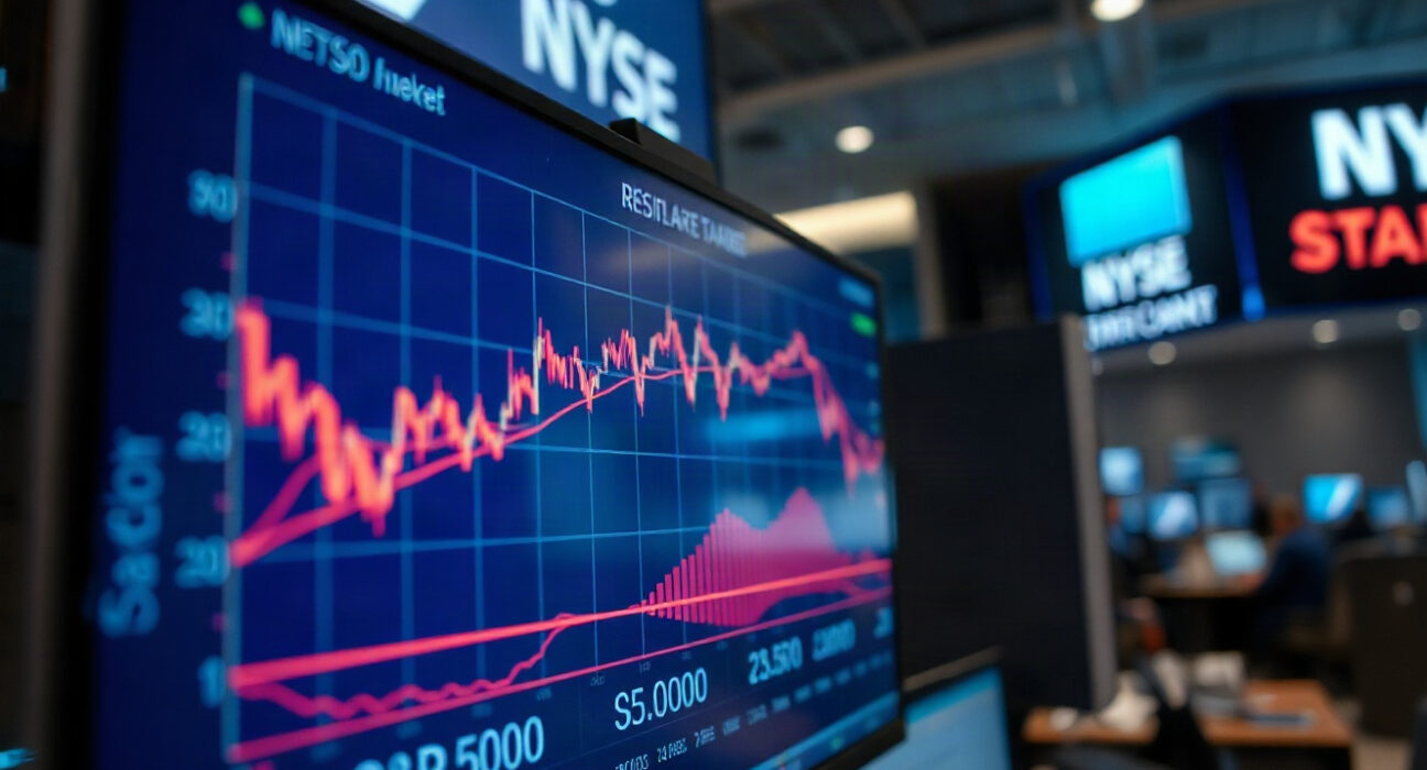S&P 500 chart approaching resistance level with market data screens in background