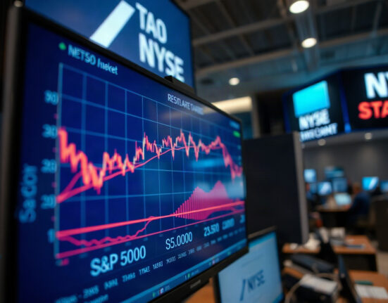 S&P 500 chart approaching resistance level with market data screens in background
