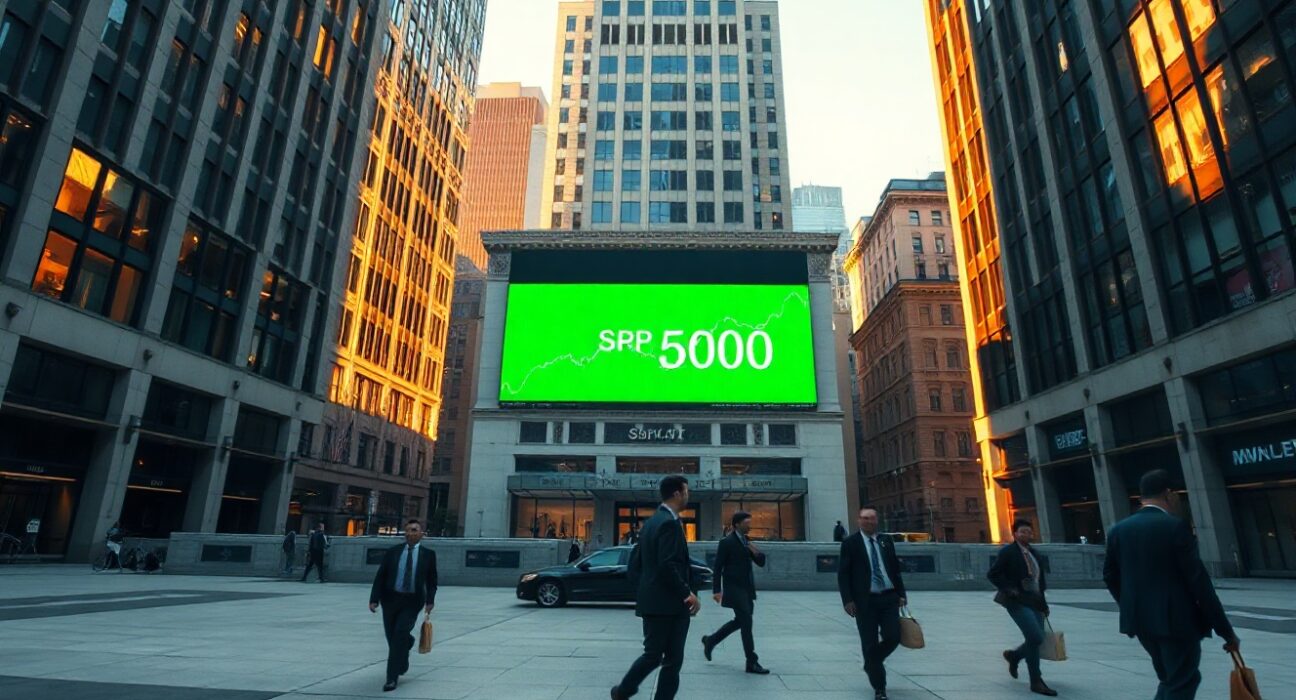 S&P 500 index showing a modest green gain on an electronic ticker outside a financial building.