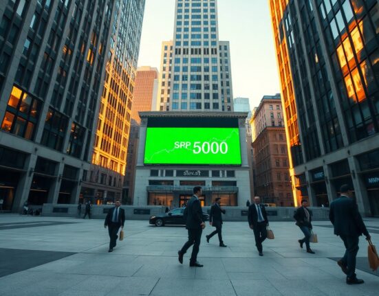 S&P 500 index showing a modest green gain on an electronic ticker outside a financial building.