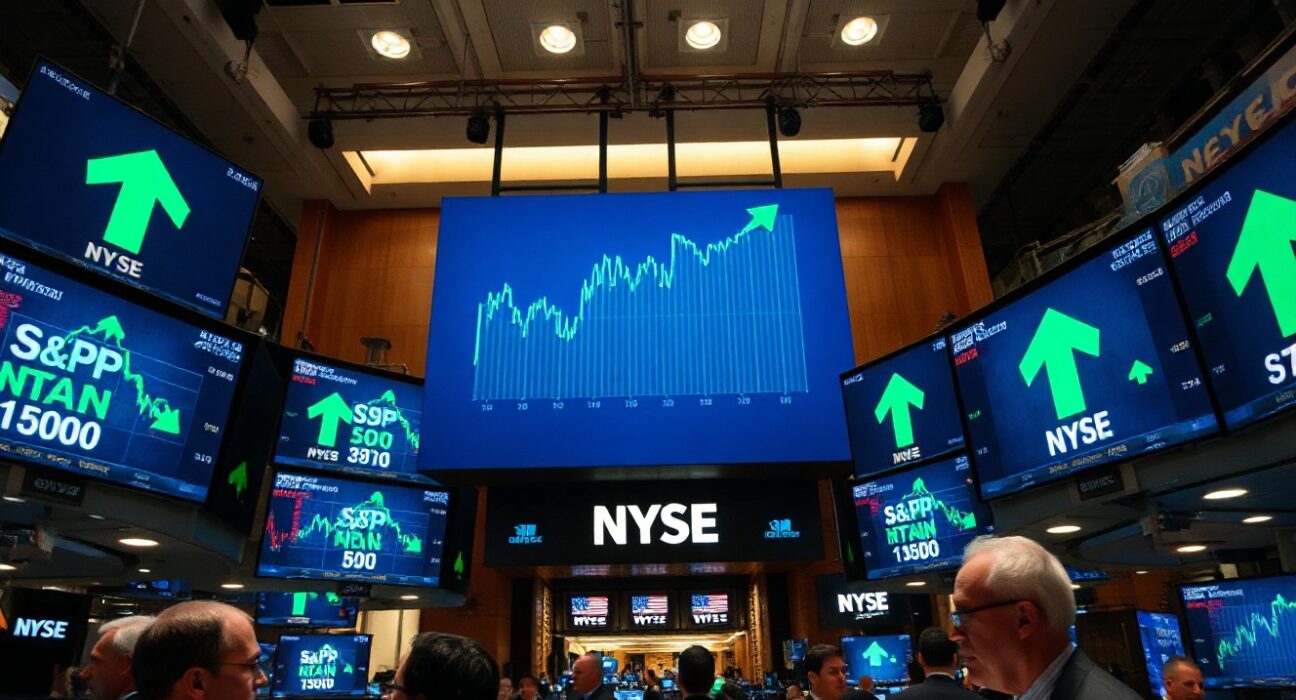 NYSE trading floor with green S&P 500 index display showing modest gains amid easing geopolitical tensions