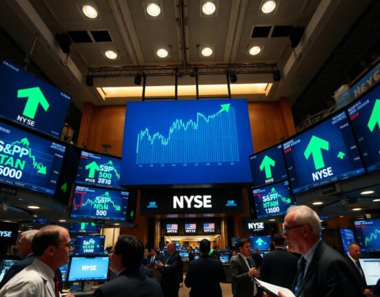 NYSE trading floor with green S&P 500 index display showing modest gains amid easing geopolitical tensions