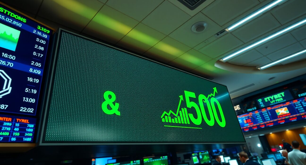 Digital display showing S&P 500 index near record high on a trading floor
