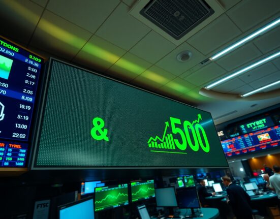 Digital display showing S&P 500 index near record high on a trading floor