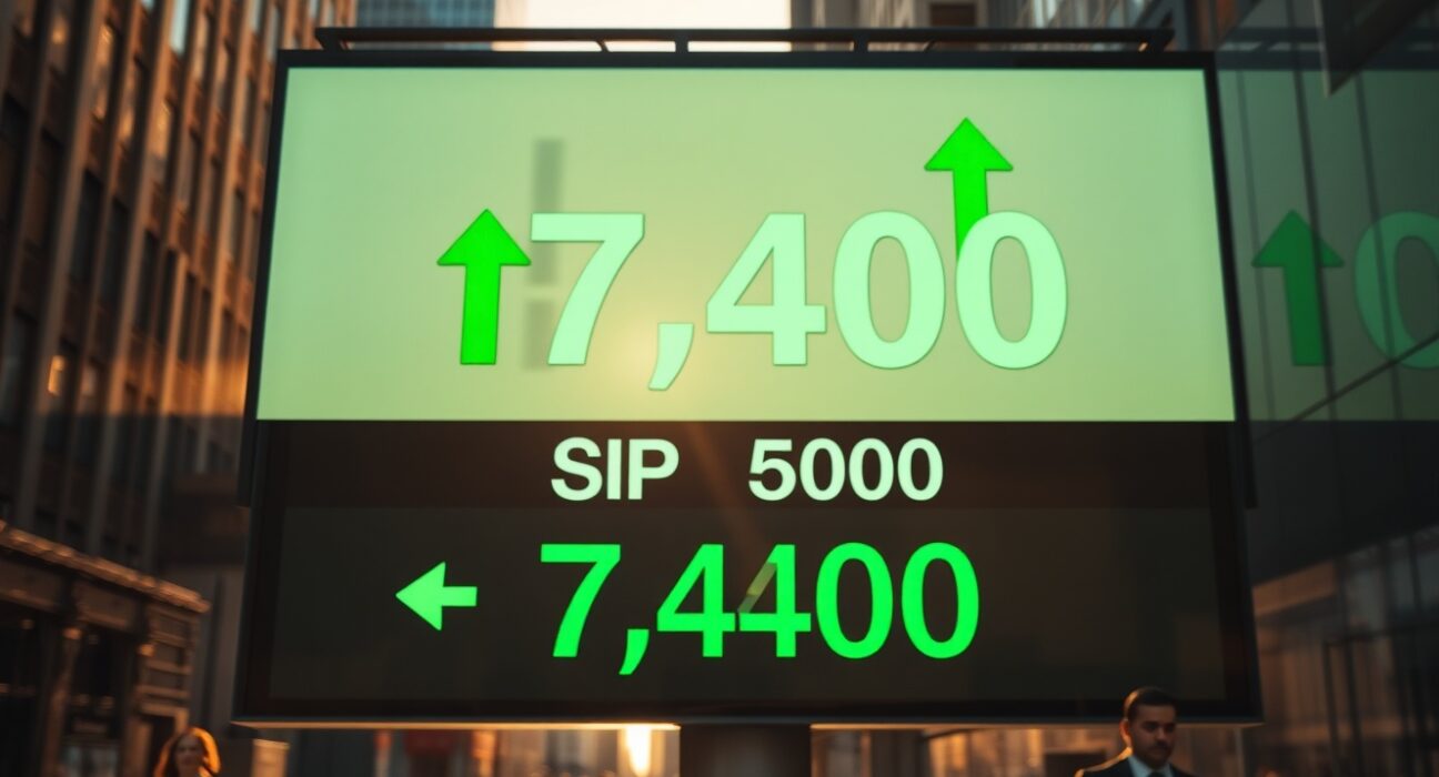 Digital stock market display showing S&P 500 index at 7,400 with green arrows in a financial district