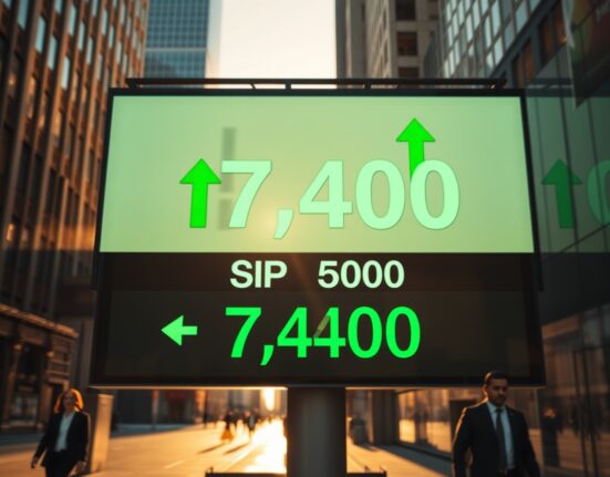 Digital stock market display showing S&P 500 index at 7,400 with green arrows in a financial district
