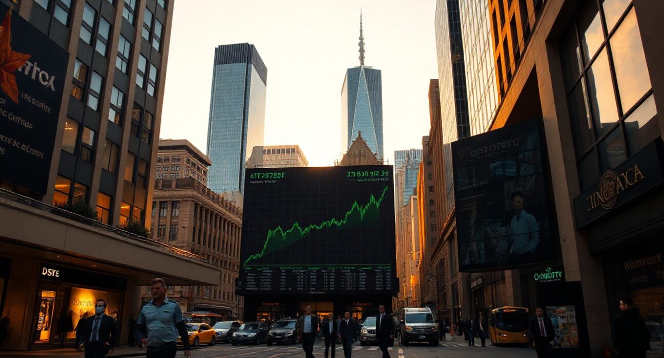 Stock market board showing upward trend in financial district