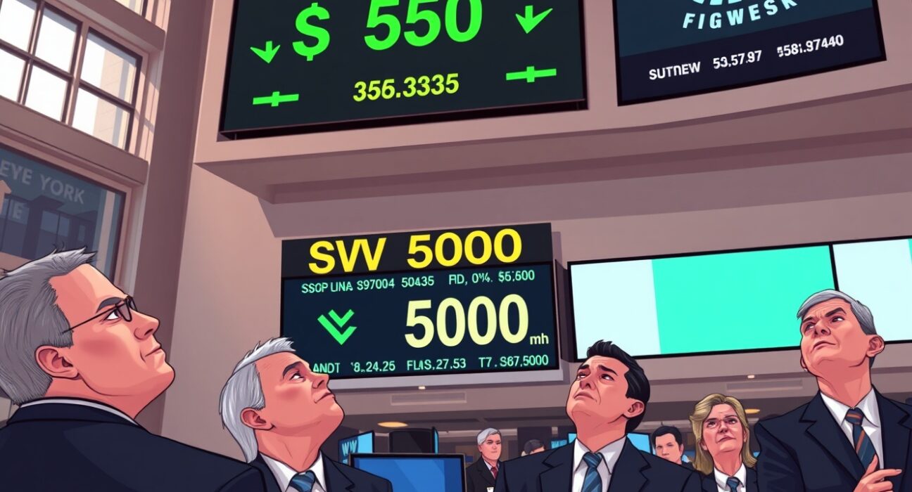 S&P 500 index display at New York Stock Exchange showing new highs amid global caution, as analyzed by Deutsche Bank.