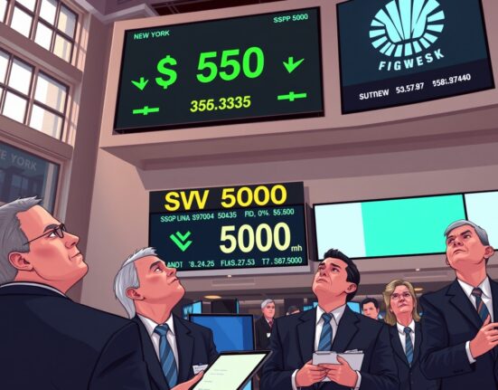 S&P 500 index display at New York Stock Exchange showing new highs amid global caution, as analyzed by Deutsche Bank.