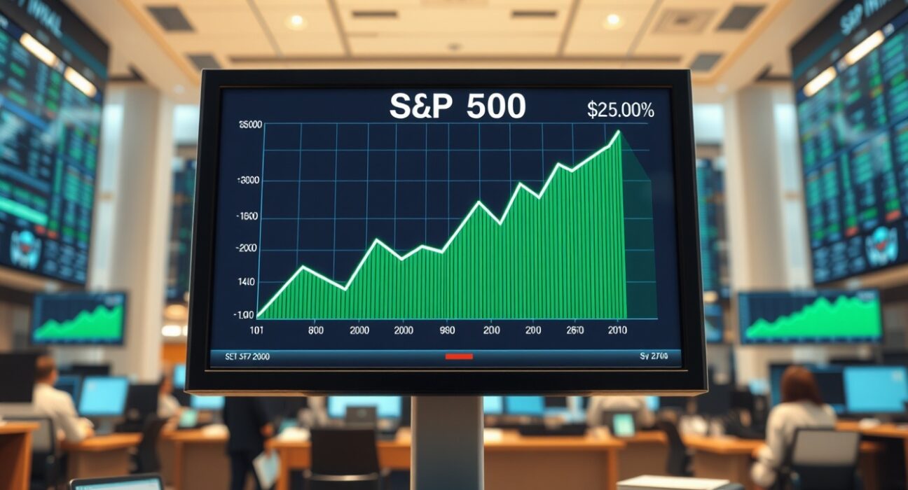 S&P 500 index ticker showing optimistic market trend on a financial trading desk.