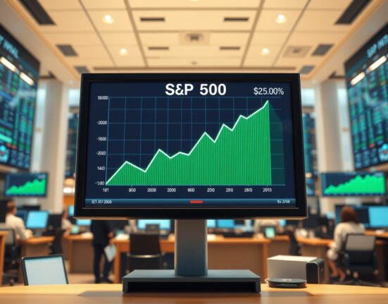 S&P 500 index ticker showing optimistic market trend on a financial trading desk.