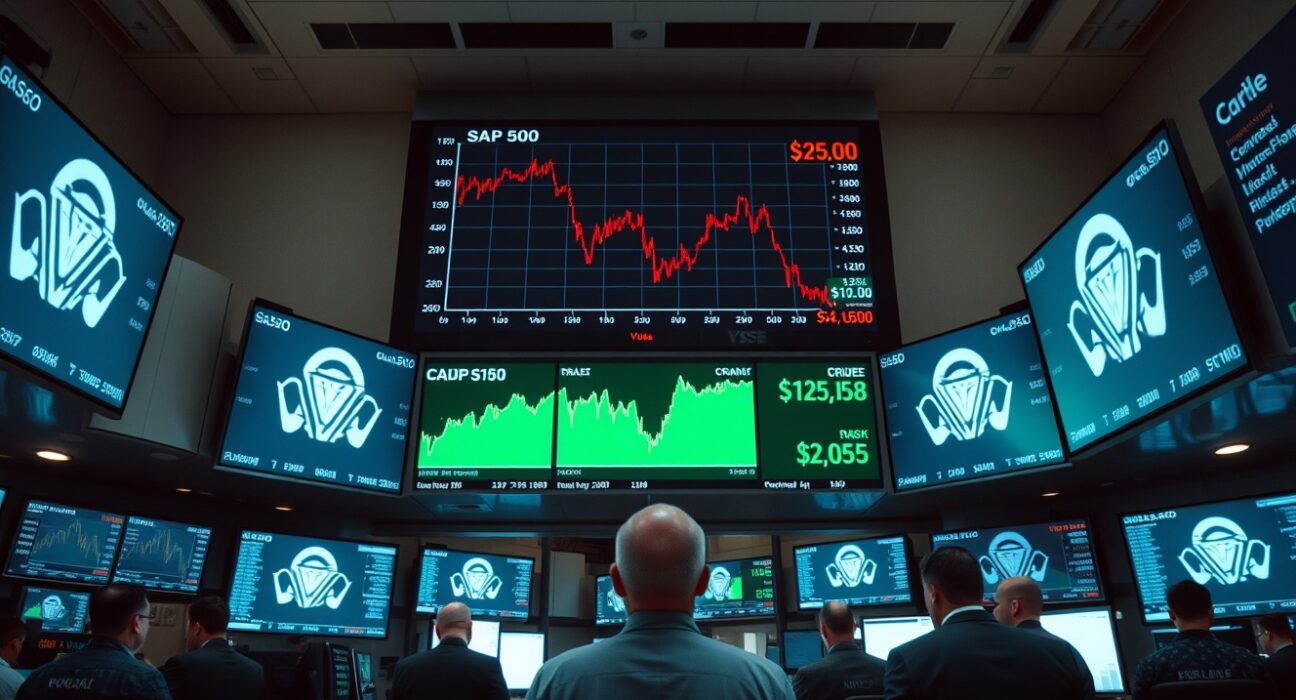 Stock traders watching S&P 500 and oil price charts on digital screens in a modern trading floor