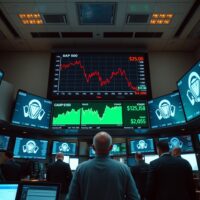 Stock traders watching S&P 500 and oil price charts on digital screens in a modern trading floor