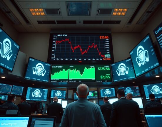Stock traders watching S&P 500 and oil price charts on digital screens in a modern trading floor