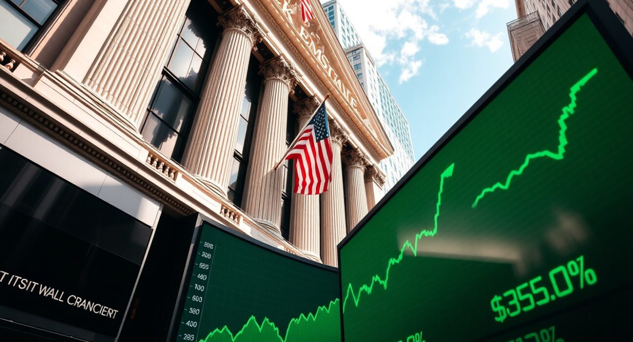 New York Stock Exchange building with green digital display showing upward market trends