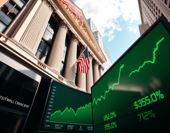 New York Stock Exchange building with green digital display showing upward market trends