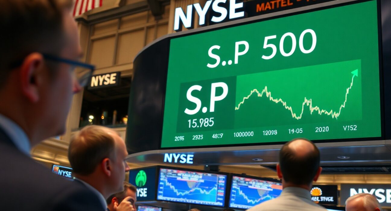NYSE trading floor with S&P 500 index showing green gains amid market rally